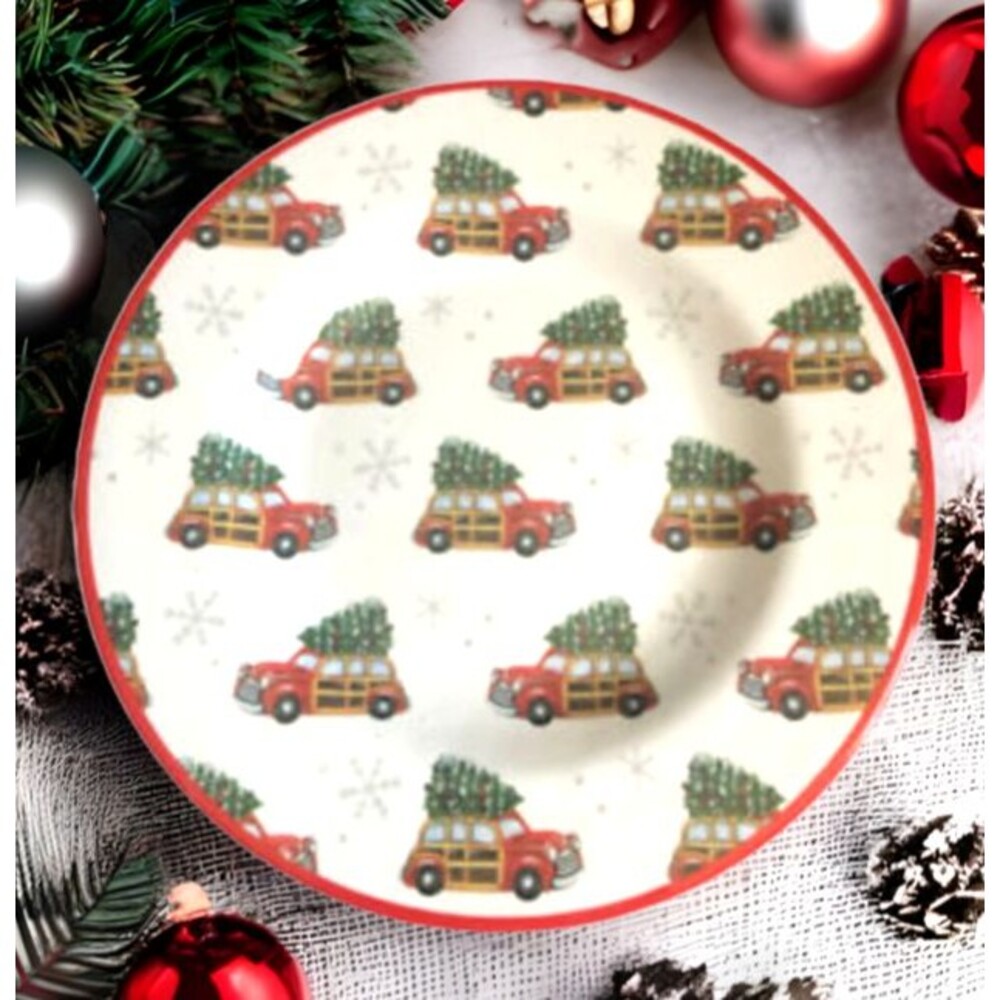 Christmas Tree Woody Station Wagon Melamine Plates 8.5" Dessert Salad Set of 4